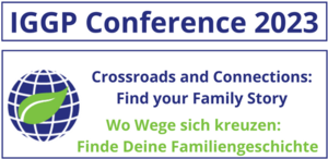 Logo der IGGP Conference 2023 mit dem weiteren Wortlaut: Crossroads and Connections: Find your Family Story – Wo Wege sich kreuzen: Finde Deine Familiengeschichte